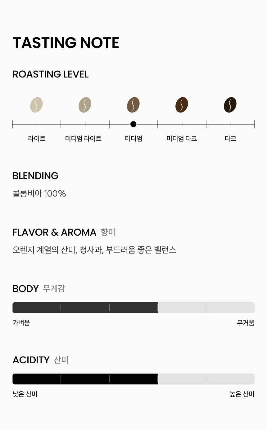 콜롬비아 미디움로스트 오렌지 계열의 산미, 청사과, 부드러움 좋은 밸런스 바디3/산미3