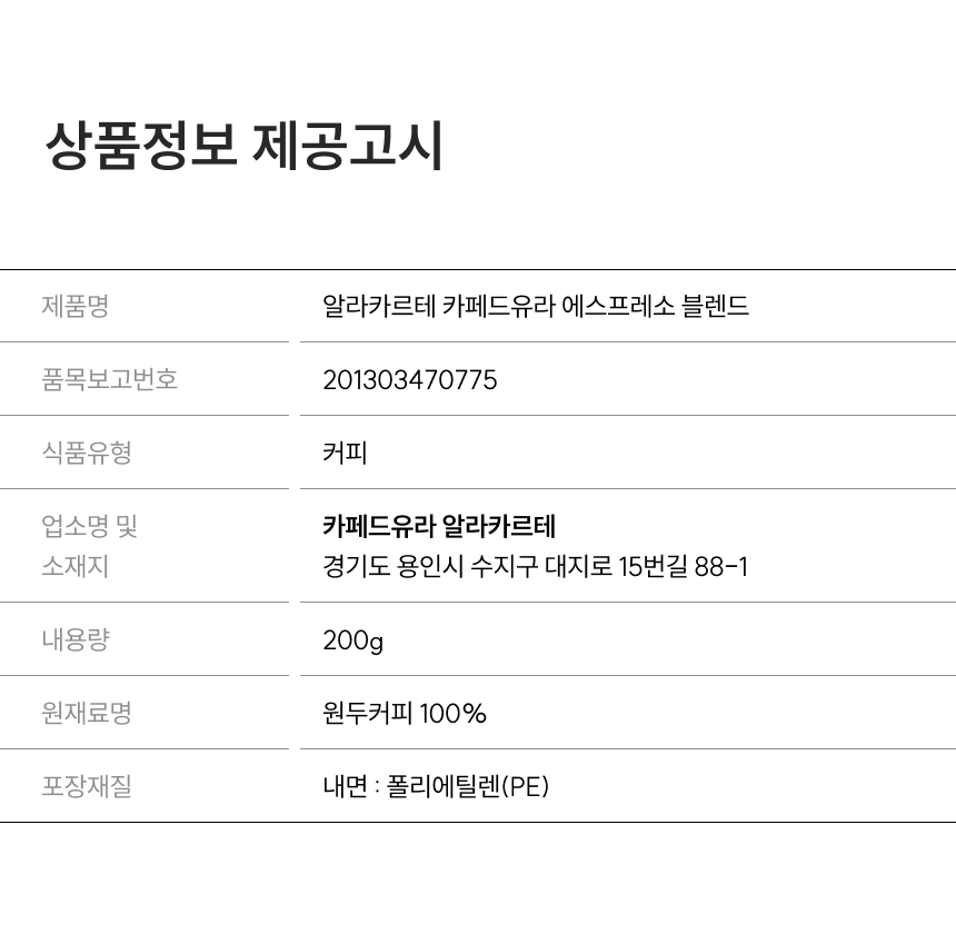 카페드유라 에스프레소 블렌드 200g 상품정보 제공고시