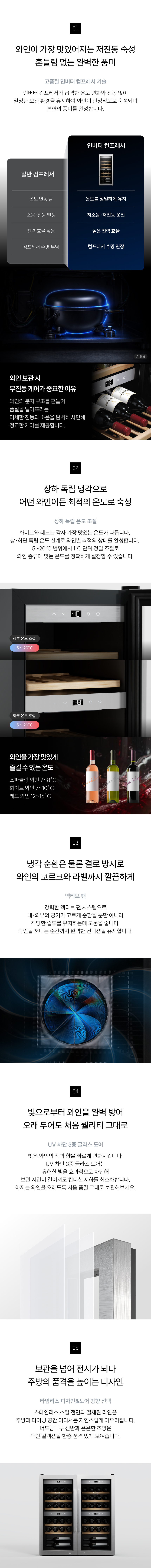 주요 기술 요약: 저진동 인버터 컴프레서, 상하 독립 온도 조절(5~20℃), 액티브 팬 냉기 순환, UV 차단 글라스 등 디자인과 기술력 강조