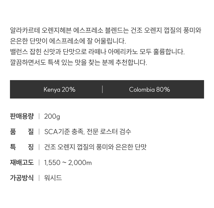 알라카르테 오렌지헤븐 에스프레소 블렌드는 건조 오렌지 껍질의 풍미와 은은한 단맛이 에스프레소에 잘 어울립니다. 밸런스 잡힌 신맛과 단맛으로 라께나 아메리카노 모두 훌륭합니다.,깔끔하고 특색있는 맛을 찾는 분께 추천드립니다.케냐20%콜롬비아80%