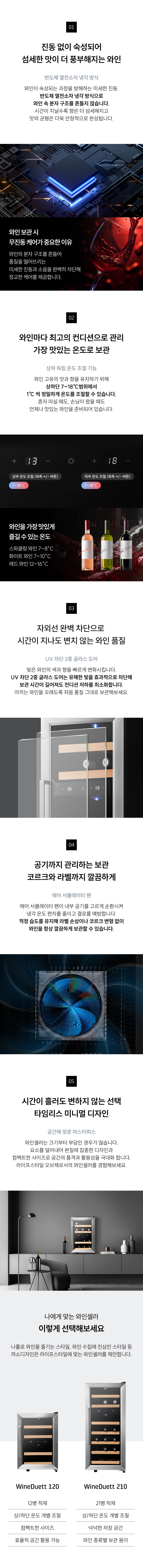 SECTION 01. 진동 없이 숙성되어 섬세한 맛이 더 풍부해지는 이유  무진동 반도체 냉각 방식 적용. 진동과 소음을 최소화하여 와인의 분자 구조를 안정적으로 유지합니다.  SECTION 02. 와인마다 최적의 컨디션으로 가장 맛있게 상하 독립 보관  상단(7~18℃), 하단(7~18℃) 독립 온도 설정 가능. 레드, 화이트, 로제 등 와인 종류별 최적의 온도로 보관할 수 있습니다.  SECTION 03. 자외선 완벽 차단으로 생생하고 풍부하게 지켜주는 맛  UV 차단 2중 글라스 도어. 외부 빛과 열로부터 와인을 보호하여 변질을 막아줍니다.  SECTION 04. 공기까지 관리하는 원리 코르크와 와인의 질감까지  에어 서큘레이터 팬 시스템. 내부 공기를 강제 순환시켜 온도 편차를 줄이고 적정 습도를 유지하여 코르크의 건조를 방지합니다.  SECTION 05. 시간의 흐름에도 변하지 않는 모던 & 미니멀 디자인  어느 공간에나 어울리는 블랙 & 스테인리스 조화.  제품 라인업 비교:  WineDuett 120: 12병 보관 / 상하 독립 온도 조절 / 컴팩트 사이즈  WineDuett 210: 21병 보관 / 상하 독립 온도 조절 / 대용량 사이즈