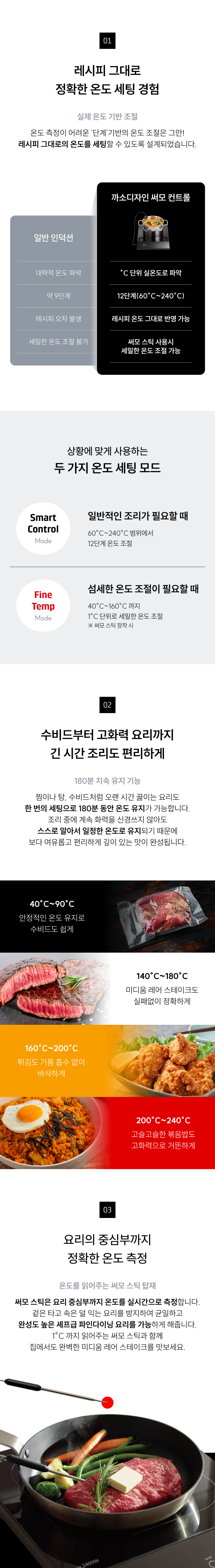 lifestyle_01.jpg (온도 제어 상세) 두 가지 온도 세팅 모드:  Smart Control Mode: 일반적인 조리 (60°C~240°C 온도 조절)  Fine Temp Mode: 섬세한 온도 조절 (40°C~160°C 범위 내 1°C 단위 정밀 조절)  수비드/고화력: 180분 지속 유지 기능.  온도별 활용:  40~90°C: 정교한 온도 유지 (수비드 등)  140~160°C: 미디엄 레어 스테이크 등  160~200°C: 튀김, 볶음 등  200~240°C: 고온 조리