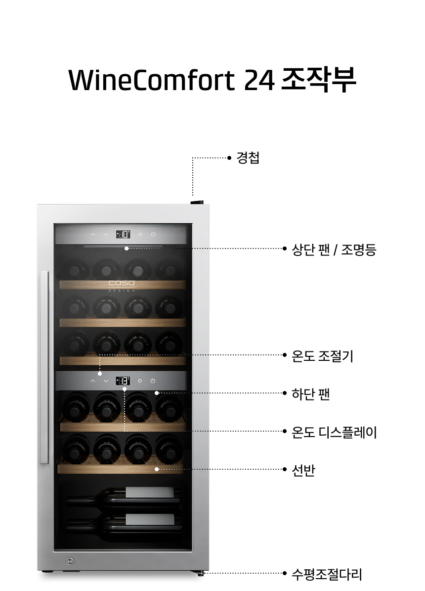 제품 상세 사양 (Specifications) 모델명: WineComfort 24 (최대 24병 보관)  규격: 폭 395mm × 높이 875mm × 깊이 545mm (무게 35.7kg)  전력: 220-240V, 50-60Hz (한국 전기 규격 최적화)  냉각 방식: 고품질 인버터 컴프레서 방식